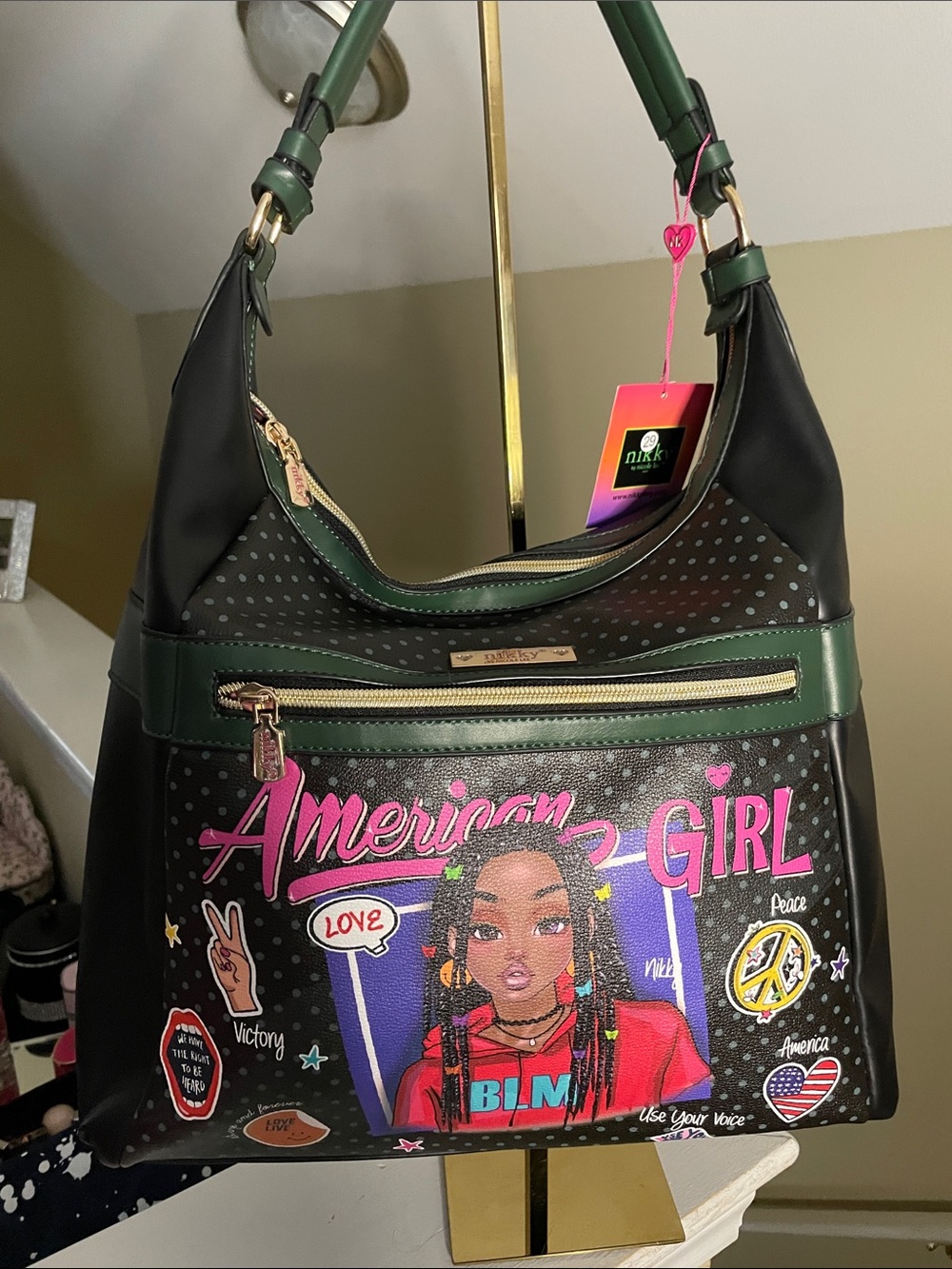 Blackmilk Black & Green American Girl Graphic Shoulder Bag with Pink Logo